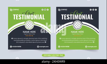 Testimonianza creativa del cliente e design del layout della sezione di revisione. Sezione di feedback e valutazione del servizio clienti con colori nero e verde. Azienda moderna Illustrazione Vettoriale