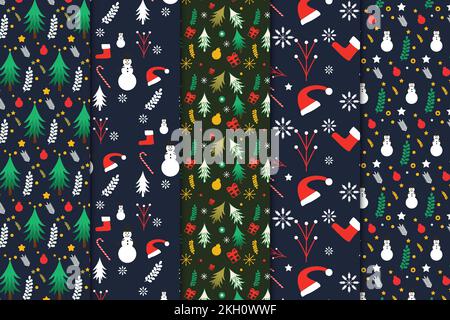 Pacchetto natalizio senza cuciture con sfondi scuri. Il motivo astratto set decorazione con elementi natalizi e pupazzi di neve. Minimo Natale pa Illustrazione Vettoriale