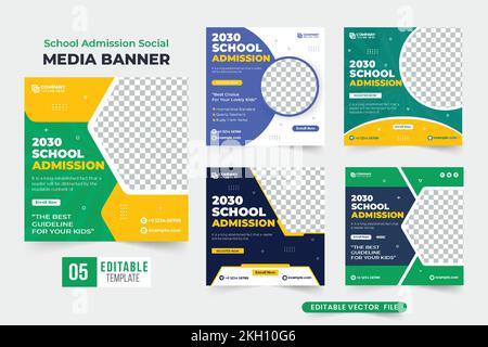 Pacchetto di modelli di social media per l'ammissione alla scuola con colori verde e scuro. Istruzione universitaria e poster collection accademico con forme astratte Illustrazione Vettoriale