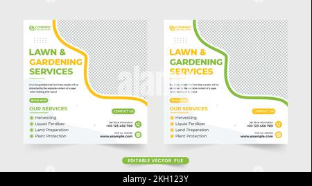 Rasaerba servizio social media modello di progettazione per la promozione aziendale. Servizio di giardinaggio e architettura paesaggistica vettore banner web con forme astratte. Agro Illustrazione Vettoriale