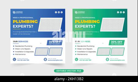 Corporate plumbing business social media post vettore con i colori blu e verde. Handyman e idraulico servizio banner web design per il marketing online. Illustrazione Vettoriale