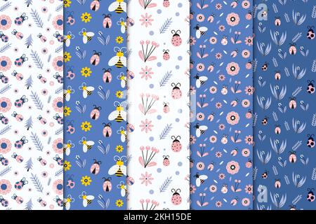 Insetti senza cuciture modello di raccolta vettore con fiori e foglie. Bel pacchetto senza fine modello con vettore bug ape e lady. Grazioso motivo floreale Illustrazione Vettoriale