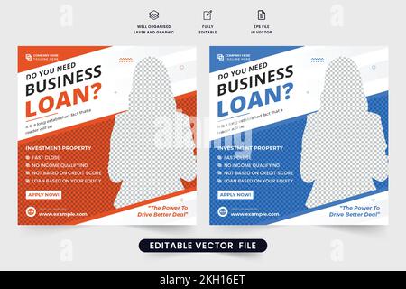 Casa e prestito auto business pubblicità poster design con colori arancione e blu. Servizio di prestito bancario social media post vettore per il marketing. Business l Illustrazione Vettoriale