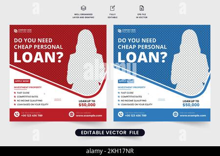 Economico prestito personale promozione poster design con colori rosso e blu. Moderno vettore modello di prestito di affari per l'introduzione sul mercato di mezzi sociali. Servizio bancario Illustrazione Vettoriale