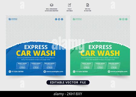 Modello di lavaggio auto social media post vettore con colori verde e blu. Progettazione banner Web promozionale servizio di manutenzione auto. Pulizia auto b Illustrazione Vettoriale