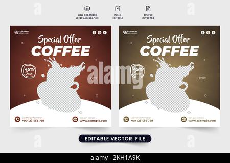 Speciale caffè social media vettore post con offerte di sconto. Cafe e ristorante business promozionale banner web design. Modello di vendita bevande vecto Illustrazione Vettoriale