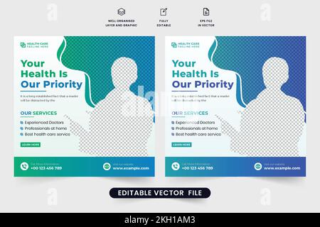 Design del modello di trattamento medico e assistenza sanitaria con colori verde e blu. Strutture ospedaliere e trattamento pubblicità poster des Illustrazione Vettoriale