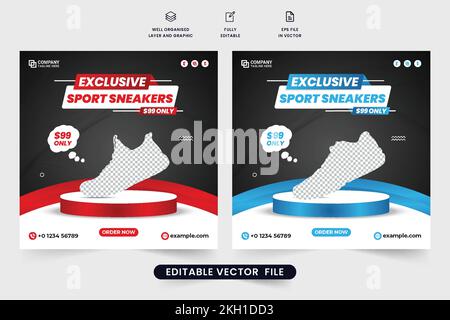 Scarpe sportive moderne design promozionale banner web con offerte di sconto. Esclusiva vendita di scarpe sportive social media post vettore con colore rosso e blu Illustrazione Vettoriale