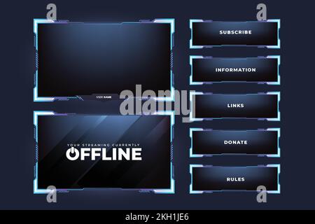 Overlay in streaming live per i gamer online. Cornice di gioco e modello di streaming di colore blu. Sovrapposizione streaming semplice e vettore di interfaccia schermo attivato Illustrazione Vettoriale