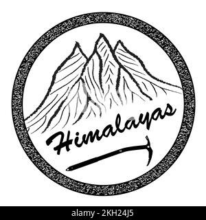 Montagne e ascia da ghiaccio con testo Himalaya, logo vettoriale, bianco e nero Illustrazione Vettoriale