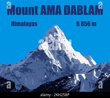 Illustrazione vettoriale di colore blu del monte ama Dablam sulla strada per il campo base dell'Everest, Nepal Himalaya Illustrazione Vettoriale