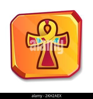 Cartone animato in pietra dorata o tavoletta di argilla vuota con croce di Ankh in oro egiziano. Cultura simbolo religioso chiave della vita. Antico Egitto icona per l'interfaccia utente del gioco. Amuleto protettivo oggetto vintage. Illustrazione Vettoriale