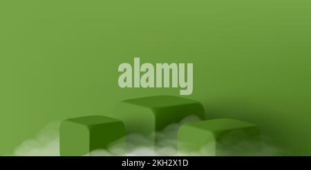 3d cubi quadrati verdi piedistallo vuoto con nuvole o nebbia, vetrina di prodotti Illustrazione Vettoriale
