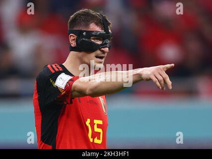 Al Rayyan, Qatar. 23rd Nov 2022. Thomas Meunier del Belgio durante la partita della Coppa del mondo FIFA 2022 allo stadio Ahmad bin Ali, al Rayyan. Il credito per le immagini dovrebbe essere: David Klein/Sportimage Credit: Sportimage/Alamy Live News Foto Stock