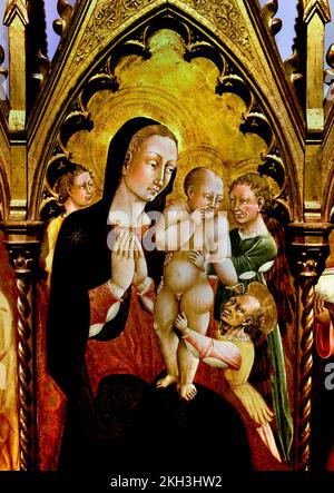 Madonna col Bambino, circondata, da, Angeli e Santi, 1465, Giacomo del Pisano, italiano, pittore, Italia, attivo 2nd metà del 15th ° secolo Foto Stock