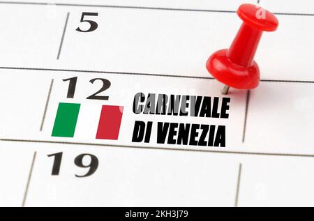 Festività nazionali. Sulla griglia del calendario, la data e il nome della vacanza - Carnevale di Venezia Foto Stock