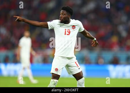 Doha, Qatar. Al Rajjan, Qatar. 23rd Nov 2022. Calcio, Qatar 2022 Coppa del mondo, Belgio - Canada, turno preliminare, Gruppo F, giorno della partita 1 allo stadio Ahmad bin Ali di al-Rajjan, gesti canadesi di Alphonso Davies. Credit: Tom Weller/dpa/Alamy Live News Credit: dpa picture Alliance/Alamy Live News Foto Stock