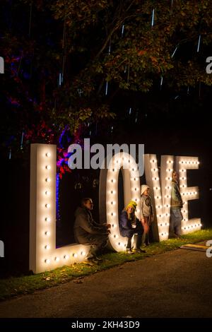 Romsey, Hampshire, Regno Unito. 23rd novembre 2022. Anteprima serata di Light Up Trails presso Sir Harold Hillier Gardens a Romsey, che si apre domani con un'esperienza coinvolgente di un chilometro e mezzo creata da Light Up Trails. Rinomati in tutto il mondo per le sue collezioni di alberi e piante rare, i magnifici giardini sono visti in una nuova luce eccitante questo Natale mentre la premiata attrazione per i visitatori apre le sue porte dopo il tramonto per una speciale nuova esperienza assolutamente bella con le luci che accentuano il paesaggio, come non sono mai stati visti prima. Credit: Carolyn Jenkins/Alamy Live News Foto Stock