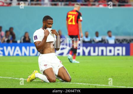 Doha, Qatar. Al Rajjan, Qatar. 23rd Nov 2022. Calcio, Qatar 2022 Coppa del mondo, Belgio - Canada, turno preliminare, Gruppo F, giorno della partita 1 allo stadio Ahmad bin Ali di al-Rajjan, i gesti del cyle Larin Canada. Credit: Tom Weller/dpa/Alamy Live News Credit: dpa picture Alliance/Alamy Live News Foto Stock