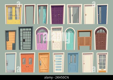 grande set cartone animato varie porte vista frontale Illustrazione Vettoriale