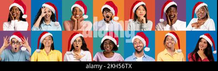 Offerta di Natale. Diverse persone multietniche eccitate che indossano i cappelli di Santa su sfondi colorati Foto Stock