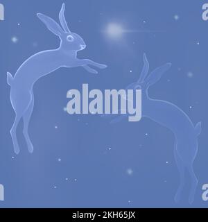 Motivi senza cuciture con un cielo stellato, animali volanti. Coniglio divertente, tra cosmo, pianeti, comete, costellazioni. Stampa spazio astratto. Autunno Fes Foto Stock