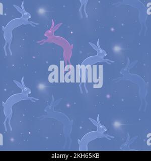 Motivi senza cuciture con un cielo stellato, animali volanti. Coniglio divertente, tra cosmo, pianeti, comete, costellazioni. Stampa spazio astratto. Autunno Fes Foto Stock