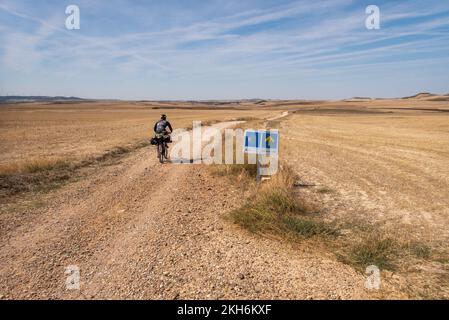 Nel vuoto: La strada del pellegrino della Via San James a Santiago de Compostela conduce direttamente attraverso la Meseta, l'infinita alta pianura castigliano. Foto Stock