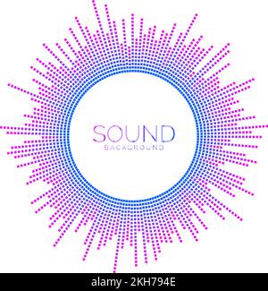 Visualizzazione dell'onda sonora circolare. Equalizzatore del lettore musicale pixellato. Segnale audio radiale o elemento vibrante. Riconoscimento vocale. Epicentro, target Illustrazione Vettoriale