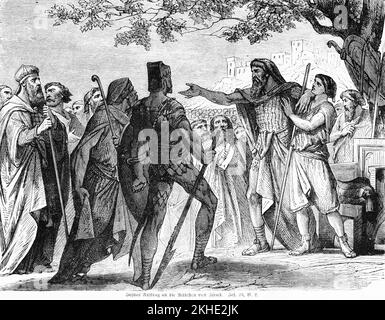 la commissione di Giosuè agli anziani d'Israele, età, età, età, giudici, Funzionari, molte persone, incontro, tutto Israele, parlare, Comunicare, albero, Bibbia, Vecchio Foto Stock