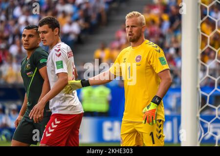 Samara, Russia – 21 giugno 2018. Portiere danese Kasper Schmeichel durante la partita della Coppa del mondo FIFA 2018 Danimarca vs Australia (1-1) Foto Stock