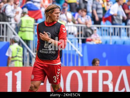 Samara, Russia – 21 giugno 2018. Il difensore della nazionale australiana Jannik Vestergaard durante la partita della Coppa del mondo FIFA 2018 Danimarca vs Australia (1- Foto Stock
