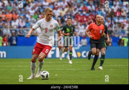 Samara, Russia – 21 giugno 2018. Attaccante della nazionale danese Nicolai Jorgensen durante la partita della Coppa del mondo FIFA 2018 Danimarca vs Australia (1-1). Foto Stock