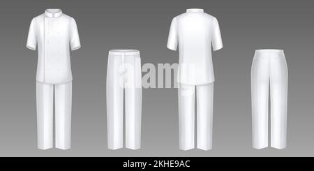 Abiti da chef, giacca e pantaloni bianchi, uniforme cuoco, camicia e pantaloni vista anteriore e posteriore. Il personale del ristorante isolato si fa mock up, abbigliamento formale, abbigliamento, grafica realistica 3D vettoriale Illustrazione Vettoriale