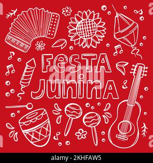 FESTA JUNINA MONORED Giugno Festival tradizione cattolica Brasile Carnevale Letteratura natalizia con strumenti musicali su sfondo rosso Vector Illustration Illustrazione Vettoriale