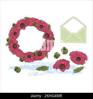 FIORI E LETTERA Floral Poppy Wreath Cartoon complimenti Vector Illustration Set per la stampa Illustrazione Vettoriale