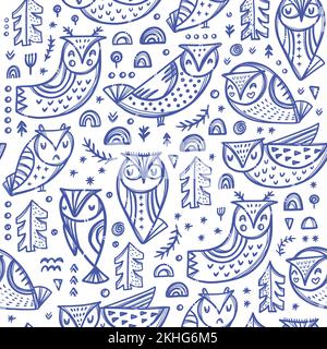 FOREST WOWL variazioni di Blue Bird personaggi con alberi e altre piante su White Backgroung Cartoon disegno a mano senza cuciture modello Vector Illustration Illustrazione Vettoriale