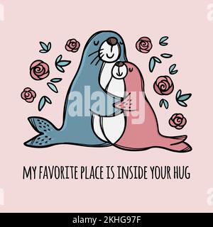 PELLICCIA FOCA ABBRACCI figlia Parental Relationship carino animali amico a un amico Scrittura di testo disegnata a mano clip Art Vector Illustration Set for Print Illustrazione Vettoriale