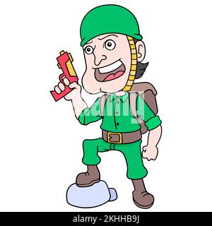 Disegno di un giovane soldato che indossa un'uniforme e porta una pistola Illustrazione Vettoriale