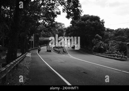 Foto in bianco e nero, foto monocromatica di una strada tortuosa abbandonata che viene raramente passata dai veicoli a Pangandaran - Indonesia Foto Stock