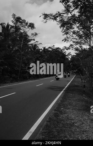 Foto in bianco e nero, foto monocromatica di una strada tortuosa abbandonata che viene raramente passata dai veicoli a Pangandaran - Indonesia Foto Stock