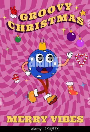 Poster di Natale groovy hippie. Christmas Ball in stile cartoon retrò alla moda Illustrazione Vettoriale