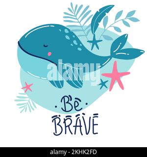 cute whale stampa testo scritto a mano, tipografia scritta, calligrafia. Simpatico personaggio sorridente per icona, scheda, cartoni animati disegnati a mano per bambini, Illustrazione Vettoriale