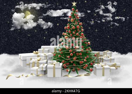 3D'illustrazione. Albero di Natale decorato e regali durante una nevicata Foto Stock