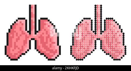 Icona pixel. Polmoni umani sani. Apparato respiratorio umano. Semplice vettore di gioco retrò isolato su sfondo bianco Illustrazione Vettoriale