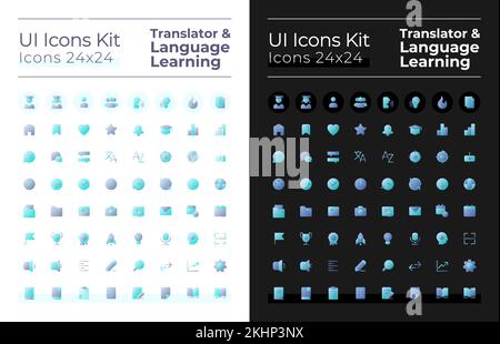 Icone dell'interfaccia utente a gradiente piatto a due colori per l'apprendimento della lingua impostate per la modalità scura e chiara Illustrazione Vettoriale