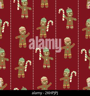 Carino pan di zenzero uomini, caramelle canne modello sfondo vettore. Strisce punteggiate. Tradizionale Natale sorridente cookie ridere motivi carattere su rosso Illustrazione Vettoriale