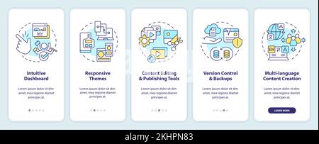 Funzioni principali del CMS schermata dell'app mobile di integrazione Illustrazione Vettoriale