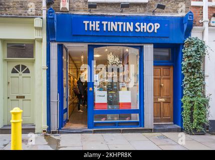 Facciata esterna del Tintin Shop, un negozio che vende libri comici, regali e giocattoli correlati a Tintin. Floral Street, Covent Garden, Londra, Inghilterra, Regno Unito Foto Stock