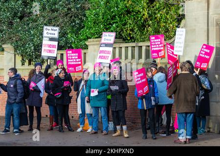 Birmingham, Regno Unito. 24th Nov 2022. Il personale dell'Università di Birmingham si unisce ad altri 70.000 membri dell'Università e dell'Unione del Collegio (UCU) in una panoramica nazionale su retribuzione, condizioni e pensioni. "La nostra carne bovina è all'università e non necessariamente al governo. L'Università di Birmingham ha molti soldi, ma non è disposta a colmare il divario retributivo tra il personale più basso e quello più alto". un portavoce ha commentato. L'azione di sciopero potrebbe avere un impatto su 2,5m studenti a livello nazionale. Credit: Peter Lopeman/Alamy Live News Foto Stock